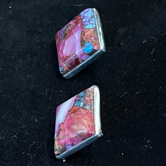 Kingman Turquoise Purple Dahlia Pierced Earrings 925 Silver New - Picture 8 of 12